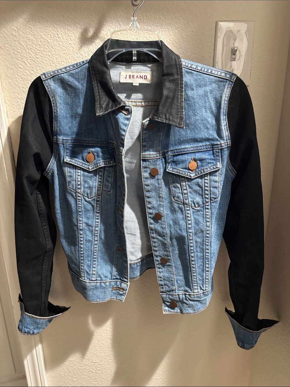 J Brand Two-Tone Denim Jacket in Light Blue and Black XS